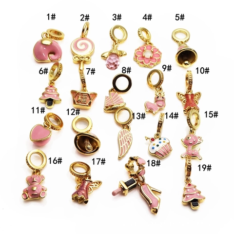 Pink Enamel Gold Plated Brass Charms Pendants For Jewelry Making DIY Bracelet Necklace Cartoon Animal Flower Heart Shapes Cute Accessory