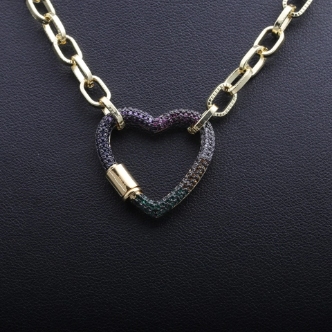 Collar Mosquetón Corazón Cobre Cadena Gruesa Circón Multicolor Colgante Corazón Joyería Hip Hop