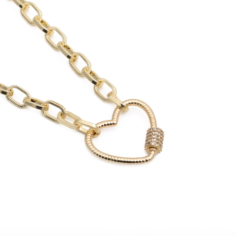 Collar Con Colgante De Mosquetón De Corazón De Cobre Zirconia Pavé Cadena De Eslabones Joyería Hip Hop Para Mujer