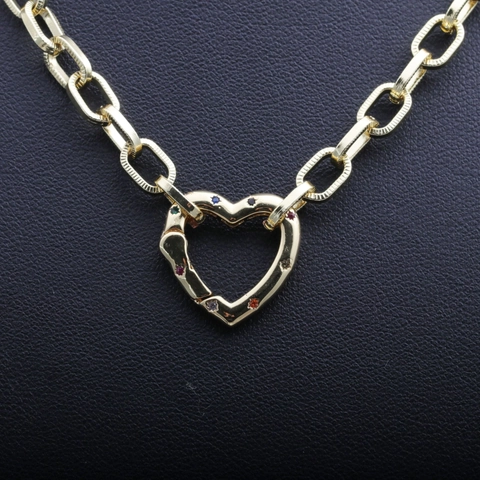 Collar Con Colgante De Corazón Hip Hop Cadena Gruesa De Cobre Dorado Con Piedras Preciosas De Colores Joyería De Moda