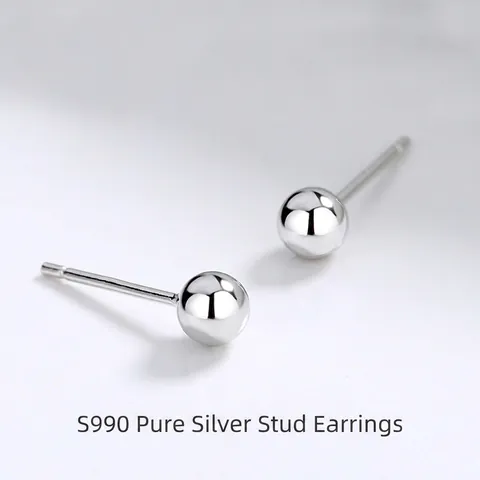 990 Pure Silver Geometric Round Bead Stud Earrings Minimalist Tiny Ball Earring For Sensitive Ears Women Men Jewelry