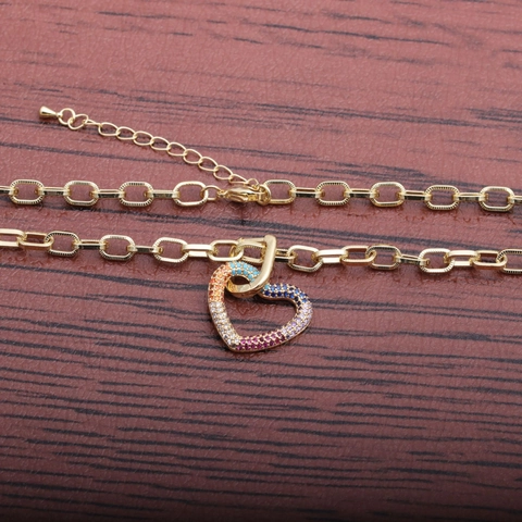 Collier Pendentif Coeur Cuivre Plaqué Or Zircon Coloré Pierres Arc En Ciel Bijoux Style Hip Hop Pour Femmes Hommes