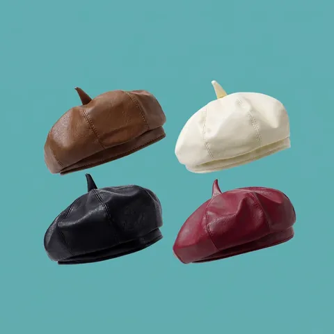 Solid Color PU Leather Beret Hat For Women Vintage Painter Hat Retro Korean Style Warm Autumn Winter Accessory