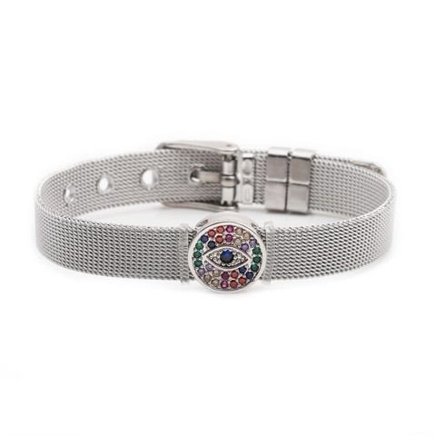 Evil Eye Mesh Band Bracelet Stainless Steel Adjustable Watchband Style Colored Cubic Zirconia Fashion Jewelry