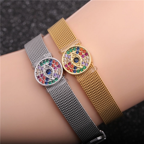 Evil Eye Mesh Band Bracelet Stainless Steel Adjustable Watchband Style Colored Cubic Zirconia Fashion Jewelry