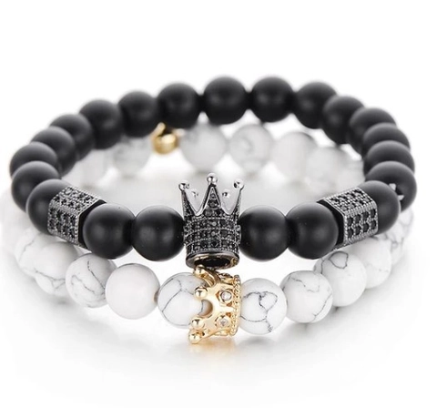 Crown And Animal Head Natural Stone Beaded Bracelet Collection Matte Black Agate White Turquoise Copper Zircon Jewelry