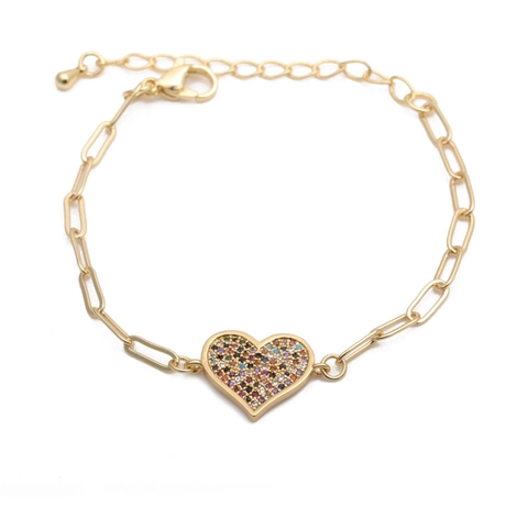 Copper Heart Pendant Bracelet With Multi Color Micro Pave Cubic Zirconia Adjustable Paperclip Chain Hip Hop Jewelry For Women