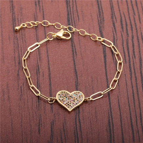 Copper Heart Pendant Bracelet With Multi Color Micro Pave Cubic Zirconia Adjustable Paperclip Chain Hip Hop Jewelry For Women