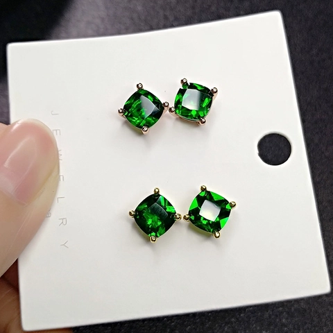 Cushion Cut Green Crystal Stud Earrings With Earring Post Copper Four-Prong Square Gemstone Elegant