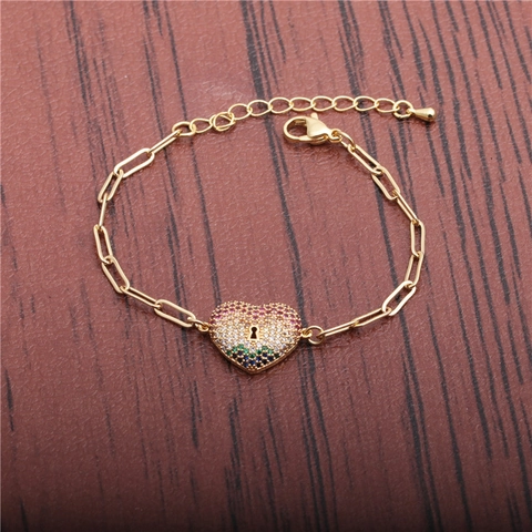Heart Pendant Cuban Link Bracelet Colorful Cubic Zirconia Gold Plated Copper Adjustable Fashion Jewelry For Women