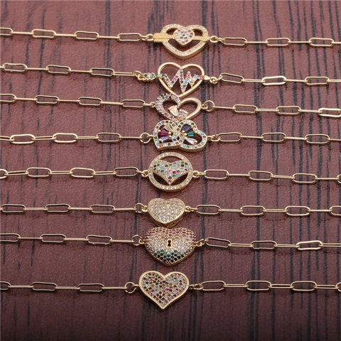 Copper Heart Pendant Bracelet White Zircon Paperclip Link Chain Adjustable Fashion Jewelry For Women