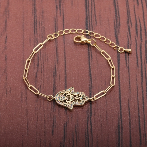 Hamsa Hand Böser Blick Armband Kupfer Vergoldet Mit Bunten Zirkonia Hip Hop Verstellbare Kette Schmuck Für Damen