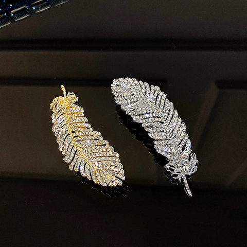 Elegante Haarspeld In De Vorm Van Een Veer Glinsterende Strass Legering Zijclip Mode Voor Dames