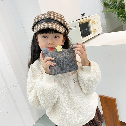 Kids Plush Crossbody Bag Cute Cartoon Lamb Crown Shape Sherpa Fleece Shoulder Purse For Toddler Girls Winter