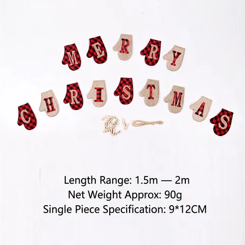 Christmas Burlap Banner Red Black Buffalo Plaid Mitten Star Tree Shape Merry Christmas Garland Decoration Rustic