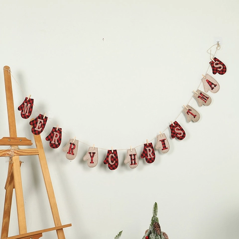 Christmas Burlap Banner Red Black Buffalo Plaid Mitten Star Tree Shape Merry Christmas Garland Decoration Rustic