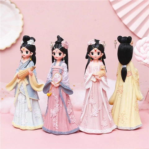 Ancient Chinese Hanfu Girl Figurine Resin Q-Version Lady Desktop Ornament Vintage Oriental Miniature Home Decor Gift