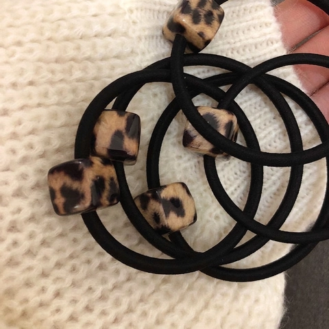 Leopard Print Square Bead Hair Ties Acrylic Tortoiseshell Pattern High Elastic Hair Ropes For Women Elegant Style