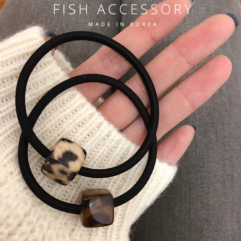 Leopard Print Square Bead Hair Ties Acrylic Tortoiseshell Pattern High Elastic Hair Ropes For Women Elegant Style