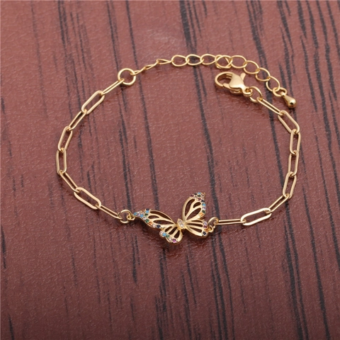 Schmetterling Anhänger Armband Kupfer Messing Bunte Zirkonia Hohle Büroklammerkette Verstellbar Hip Hop Schmuck Für Damen