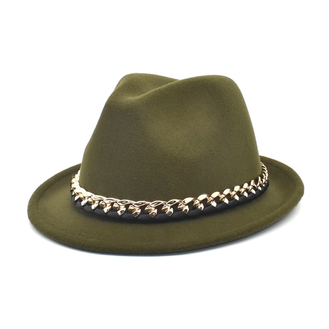 Chapeau Fedora En Laine Avec Chaîne Dorée Style Britannique Vintage Chapeau De Jazz Pour Hommes Femmes