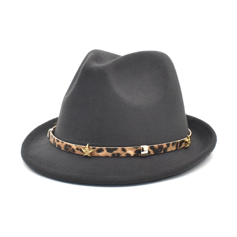 Wollen Vilt Fedora Hoed Met Luipaardprint Band Gouden Ster Retro Jazz Stijl Breedgerande Hoed Voor Heren Dames