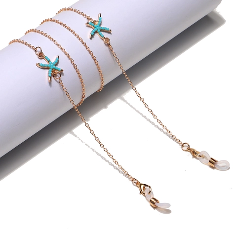 Chaîne De Lunettes Étoile De Mer Turquoise Métal Doré Cordon Masque Antidérapant Bijoux Été Style Océan Pour Femmes