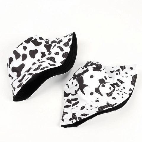 Chapeau Bob Réversible Polyester Dessin Animé Panda Vache Imprimé Protection Solaire Style Décontracté Pour Femmes