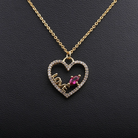 Collana Con Ciondolo A Cuore Rame Micro Pavè Zirconia Gemma Rossa Lettera LOVE Gioielli Eleganti Per Donne