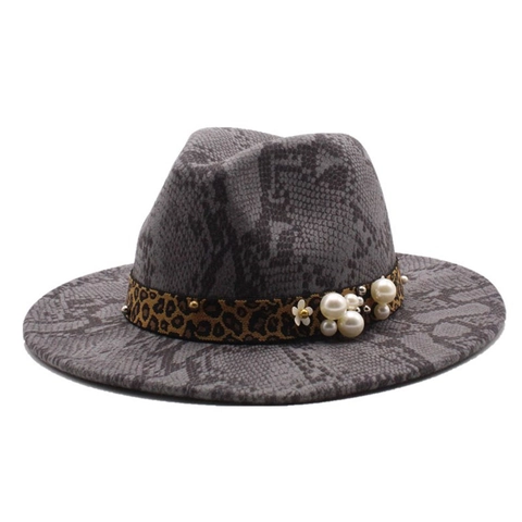Cappello Fedora Vintage Feltro Di Lana Stampa Serpente Fascia Leopardata Con Künstliche Perle E Decorazione Floreale Cappello Jazz Retro
