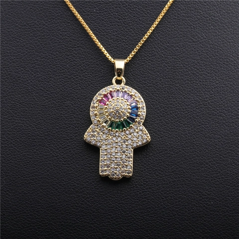 Hamsa Hand Hanger Ketting Koper Verguld Boze Oog Kleurrijke Zirkonia Fatima Palm Sieraden Voor Vrouwen Mode