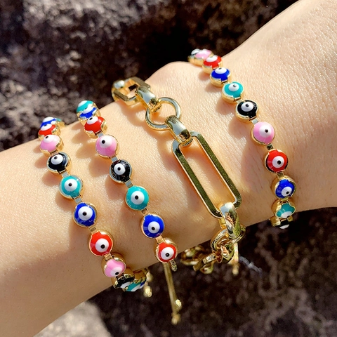 Evil Eye Armband Vergoldet Kupfer Bunte Emaille Verstellbar Bolo Kette Bohème Vintage Schmuck Damen