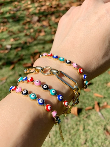 Evil Eye Armband Vergoldet Kupfer Bunte Emaille Verstellbar Bolo Kette Bohème Vintage Schmuck Damen