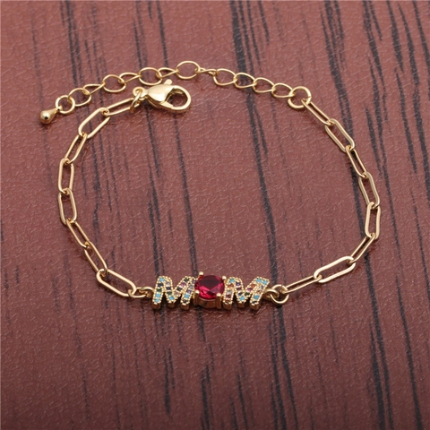 Copper Gold Plated MOM Pendant Bracelet With Multi Color Rhinestones And Red Gemstone Adjustable Jewelry For Women