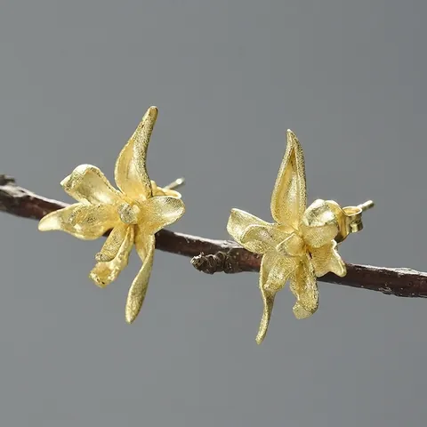 Iris Flower Stud Earrings With 925 Sterling Silver Earring Post Handmade 18K Gold Plated Matte Elegant Nature Jewelry