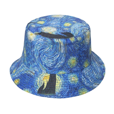 Reversible Bucket Hat For Men Women Oil Painting Style Starry Night Print Polyester Sunshade Travel Beach Outdoor Sun Hat