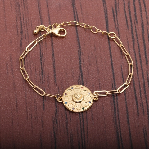 Bracciale A Catena Bohémien In Rame Zirconi Cubici Colorati Pendente Rotondo Maglia A Graffetta Regolabile Gioielli Donna