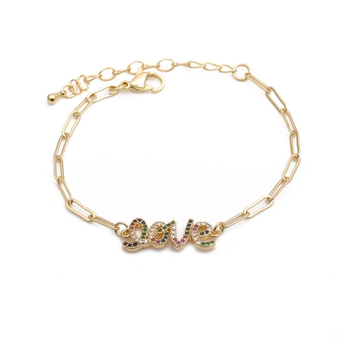 Liefde Brief Hanger Koperen Armband Gekleurde Strass Hip Hop Cubaanse Schakelketting Mode Sieraden Vrouwen