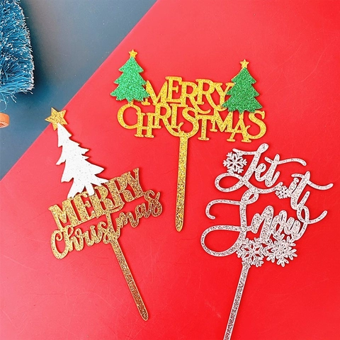 Decoración De Pastel Feliz Navidad Acrílico Con Brillo Let It Snow Copo De Nieve Árbol De Navidad Para Fiesta Postre