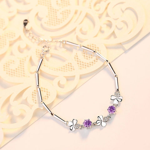Bracciale Quadrifoglio Foglia Argento Sterling 925 Zirconia Catena Regolabile Elegante Stile Coreano Donna