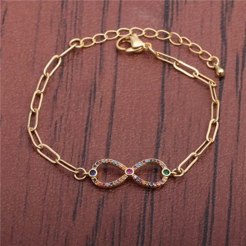 Infinity Symbol Bracelet Colorful Zircon Gold Plated Copper Adjustable Paperclip Chain Hip Hop Style Women Jewelry