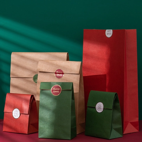 Bolsas De Regalo De Papel Kraft De Navidad Con Pegatinas Para Embalaje De Dulces De Fiesta Color Sólido