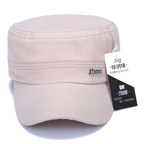 Men Flat Top Military Cap Cotton Adjustable Sun Protection Outdoor Sport Cadet Hat With Metal Letter Tag
