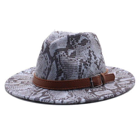 Snakeskin Print Fedora Hat Vintage Woolen Felt Wide Brim Jazz Cap With Leather Buckle Band For Men Women