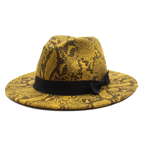 Chapeau Fedora Imprimé Serpent Feutre Large Bord Ruban Noir Noeud Style Britannique Jazz