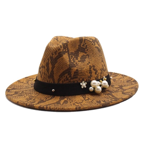 Snake Skin Pattern Wool Felt Fedora Hat With Artificial Pearl Flower Ribbon Wide Flat Brim Jazz Style For Men Women