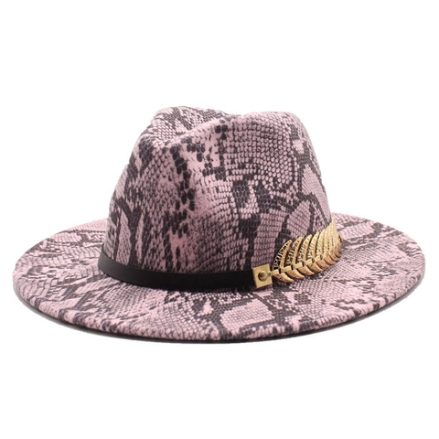 Chapeau Fedora Vintage Motif Serpent Feutre Bord Large Avec Accessoire Métal Plume Dorée Style Jazz Élégant