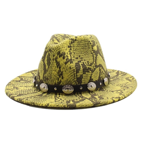 Chapeau Fedora Imprimé Serpent Feutre De Laine Large Bord Plat Chapeau Jazz Avec Ceinture À Boucle Style Vintage