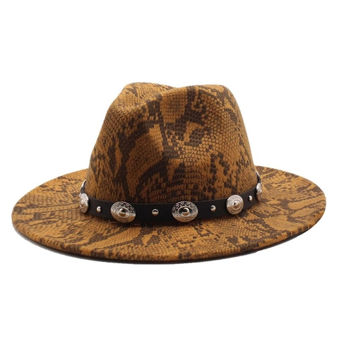 Chapeau Fedora Imprimé Peau De Serpent Feutre De Laine Bord Large Style Cowboy Jazz Avec Ceinture En Cuir Rivetée Pour Hommes Femmes