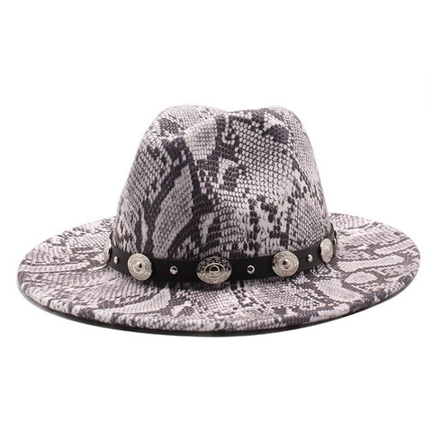 Chapeau Fedora Imprimé Peau De Serpent Feutre De Laine Bord Large Style Cowboy Jazz Avec Ceinture En Cuir Rivetée Pour Hommes Femmes